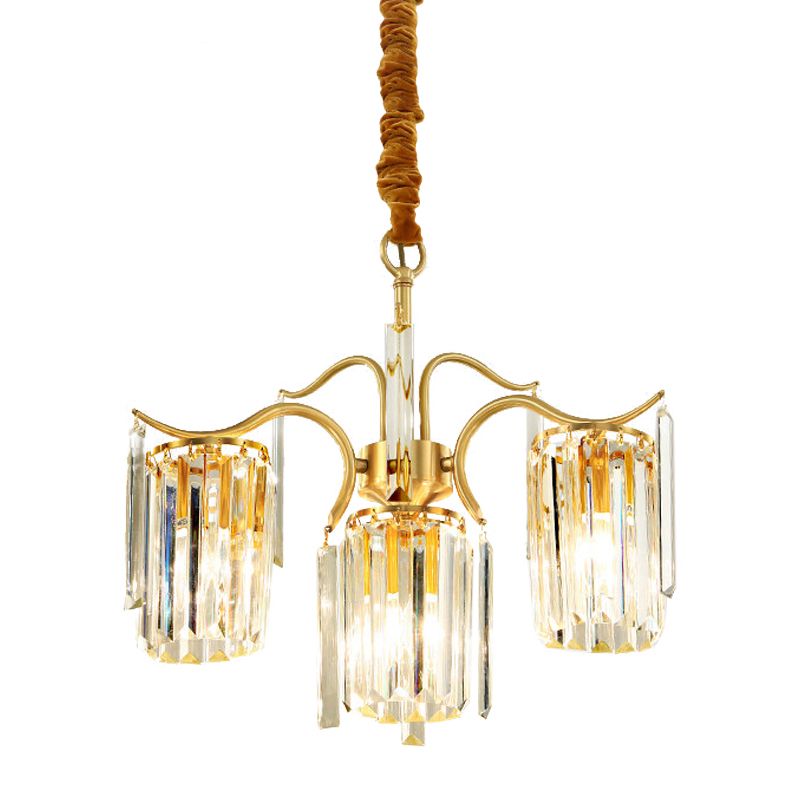 4-Bulb Cylinder Down Lighting Postmodern Brass Crystal Prism Chandelier over Dining Table