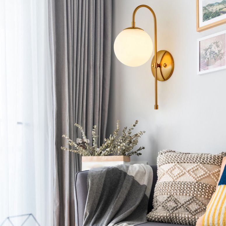 Gold Globe Hanging Wall Lamp in Modern Creative Style Wrought Iron Wall Sconce with Opal Glass Shade