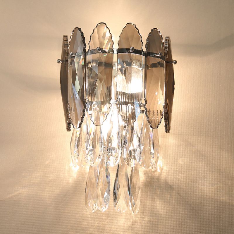 Modern Layered Wall Lighting 2 Lights Clear and Champagne/Smoke Gray Crystal Wall Sconce Light Fixture