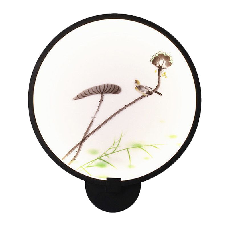 Chinese Ink House/Lotus Mural Light Acrylic Bedroom LED Circle Wall Sconce Light in Black