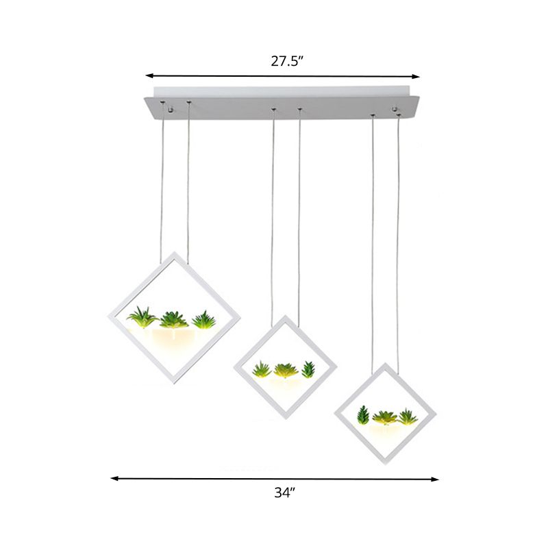 Witte 3-rhombus Suspensie Licht Modernisme Led Acryl Cluster Pendant Lamp met Plant Deco in warm/wit licht