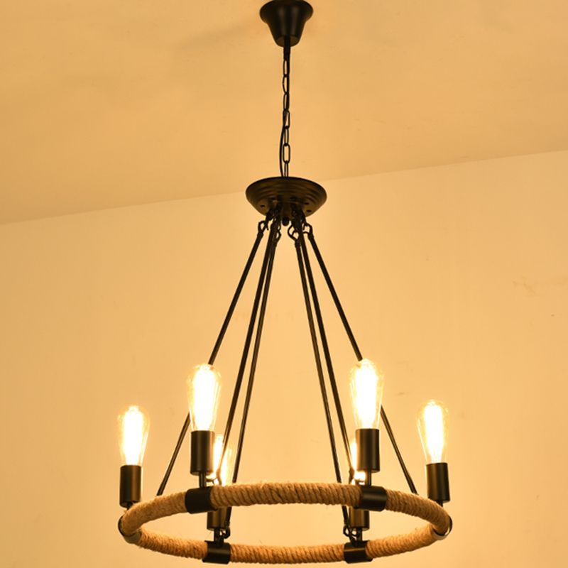 Circular Iron Ceiling Lighting Industrial Restaurant Chandelier Light Fixture with Hemp Rope in Black