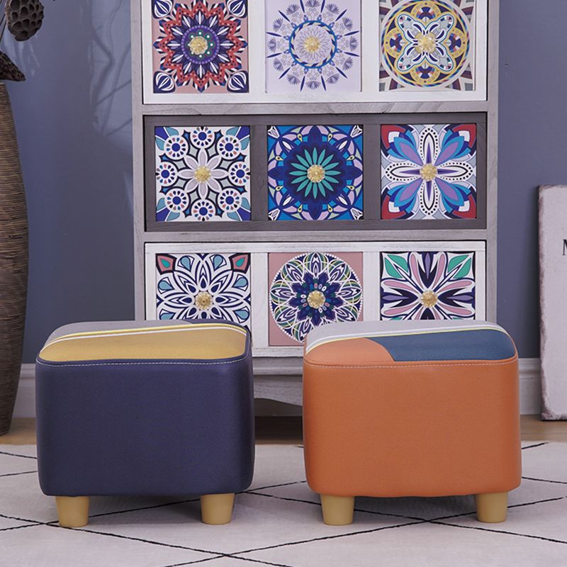 Contemporary Pouf Ottoman Fabric Upholstered Patchwork Solid Wood Frame Square Ottoman