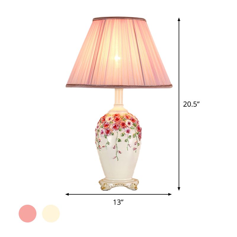 Gathered Fabric Beige/Pink Nightstand Light Conical 1 Light Pastoral Style Table Lamp with Painted Pottery Base