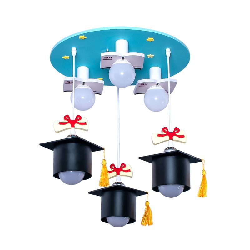 Plafonnier carré en résine à capuchon académique pour enfants, 3 lumières, lampe encastrée bleu clair pour chambre d'enfant