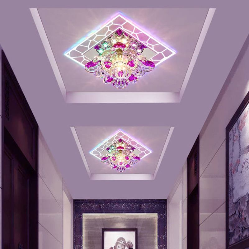 Clear Flower Crystal Square Spotlight Modern Stainless Steel LED Flush Mount Ceiling Light for Aisle