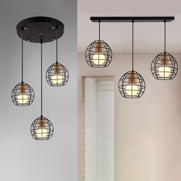 3 Heads Ceiling Fixture Retro Stylish Globe/Hexagon Cage Shade Metal Pendant Light Fixture in Black