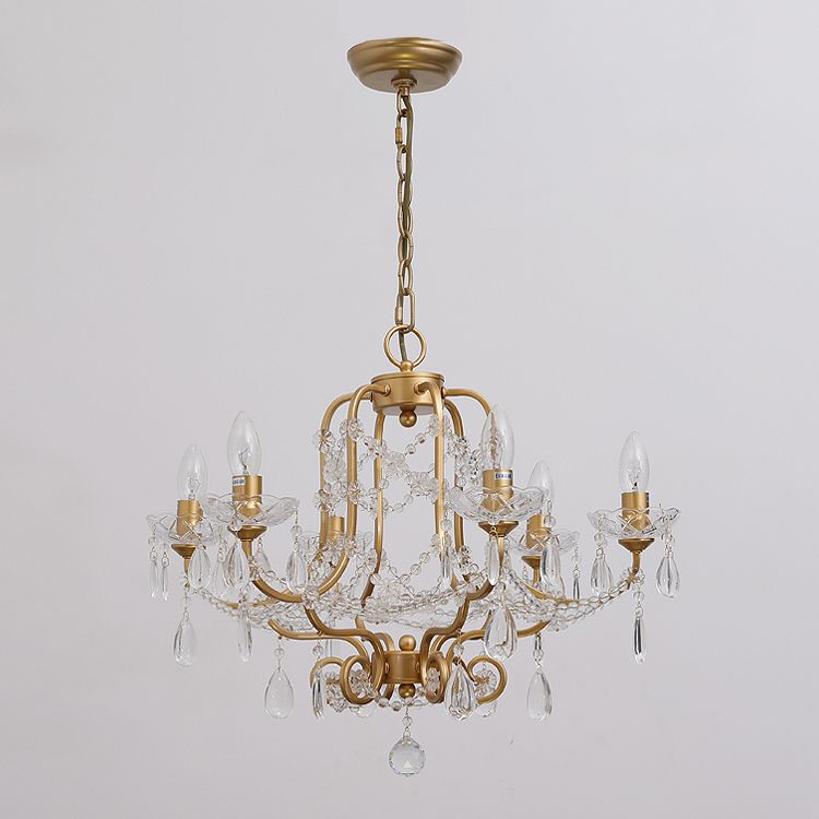 Gold Chandelier Lamp Vintage Metal Candle Suspension Pendant Light with Crystal Drop