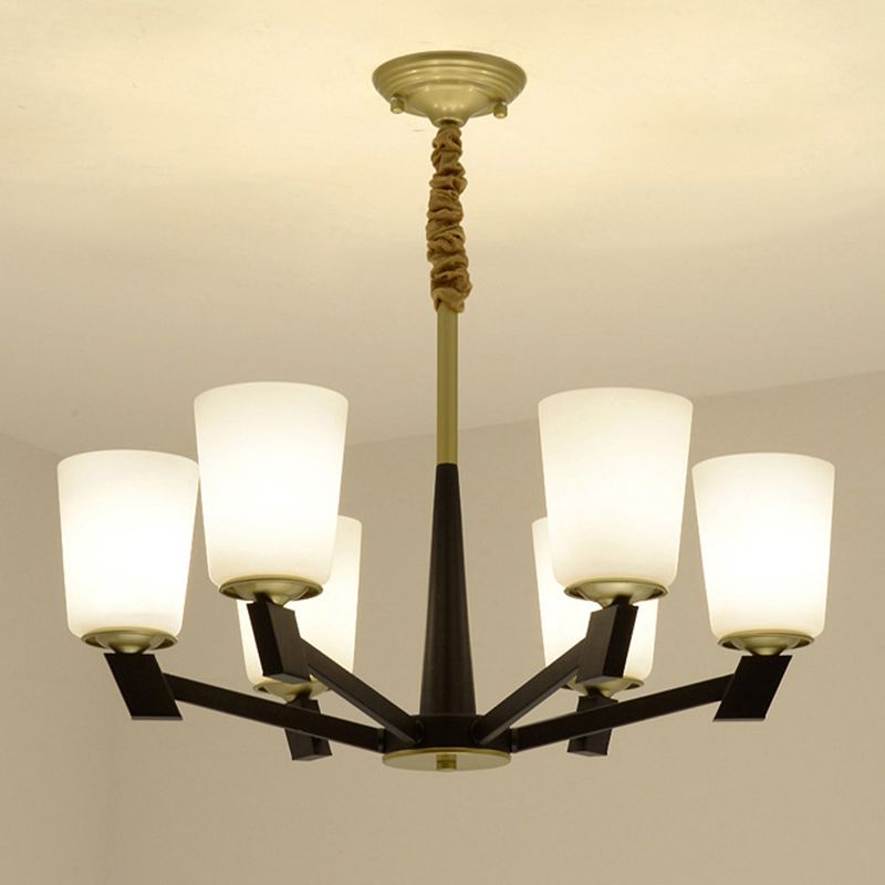 Cone Frosted Glass Light Chandelier Traditional 6/8/12 Lights Living Room Pendant Lighting in Black