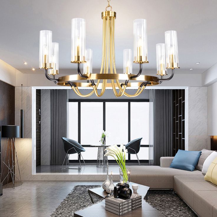 Post-Modern Metal Hanging Chandelier Light Cylinder Clear Glass Shade Ceiling Chandelier in Gold for Living Room