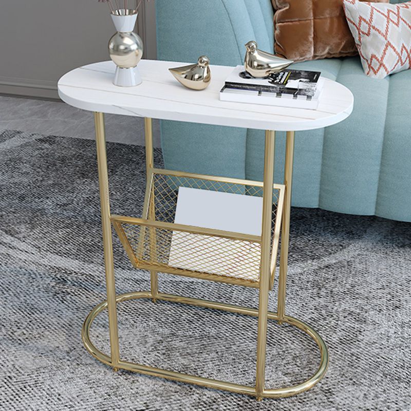 24.8" Tall Iron Frame Base End Table Oval Slate Top Side Table with Magazine Holder