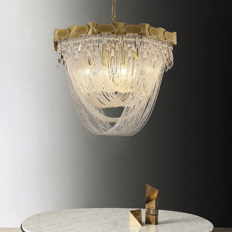 Tassel Chain Chandelier Lighting Metal Triple Light Crystal Shade Foyer Pendant Lamp