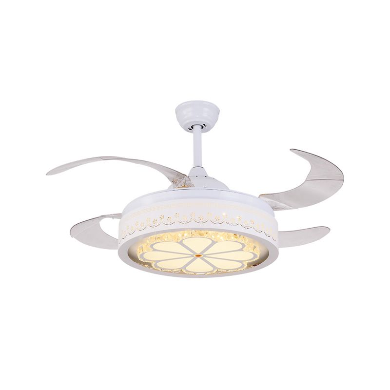 Bloemkristallen plafondventilator verlichting Moderne LED LED RAME SEMI SEMI VOILIG Licht in wit met 4 heldere messen, 42 "breed
