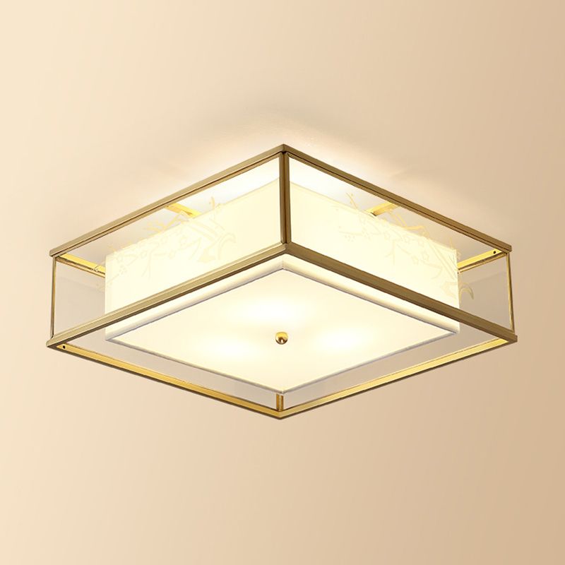 Country Style Square Flush Mount Lamp Fabric Ceiling Mounted Light with Tulle Shade Outside in Gold