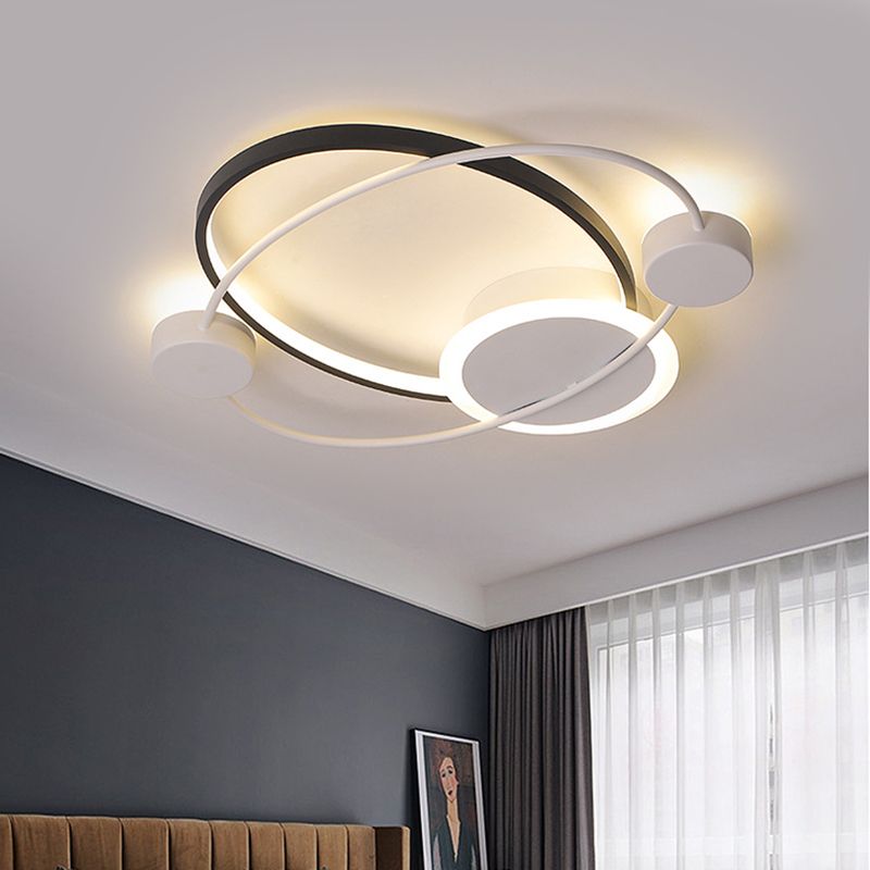 Planet Orbit Flushmount Lighting Modern Metal 21.5"/25.5" W LED Black-White Ceiling Mounted Fixture in Warm/White Light