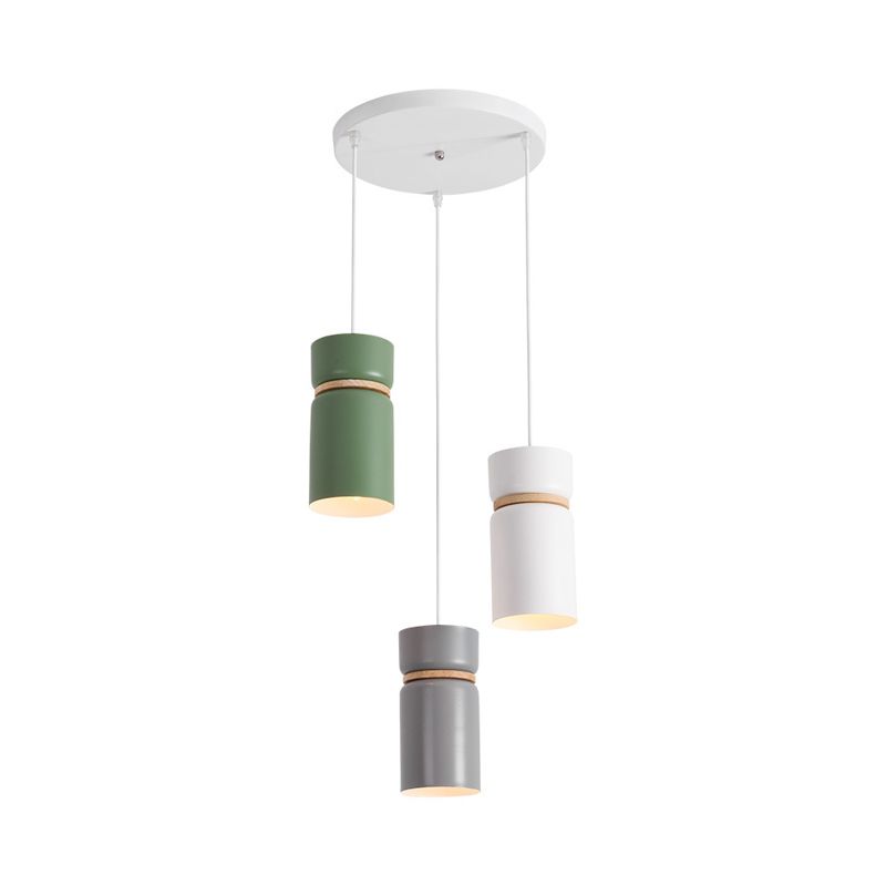 Macaron 3 Light Cluster Pendant Metallic White-Grey-Green Tube Hanging Light with Wood Band