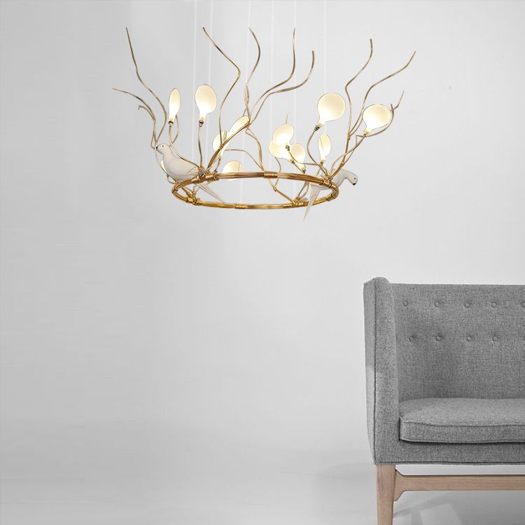 Metal Ring Hanging Chandelier Light Lodge LED Gold Pendant Lamp with Acrylic Shade and Bird Accent, Warm/White Light
