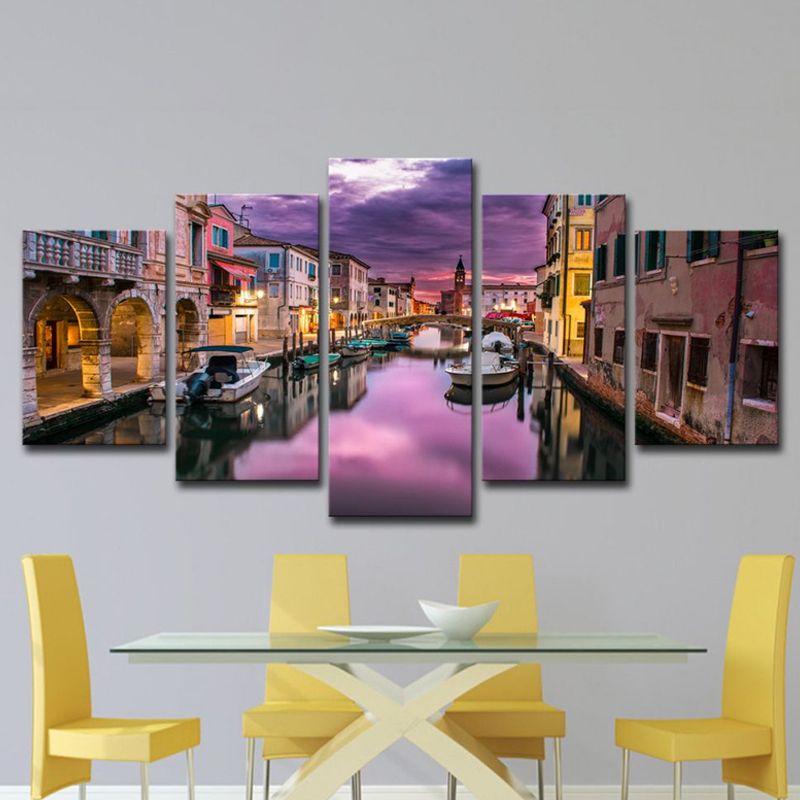 Venice Town Canvas Print Global Inspired Stunning Evening Glow Wall Art in Purple