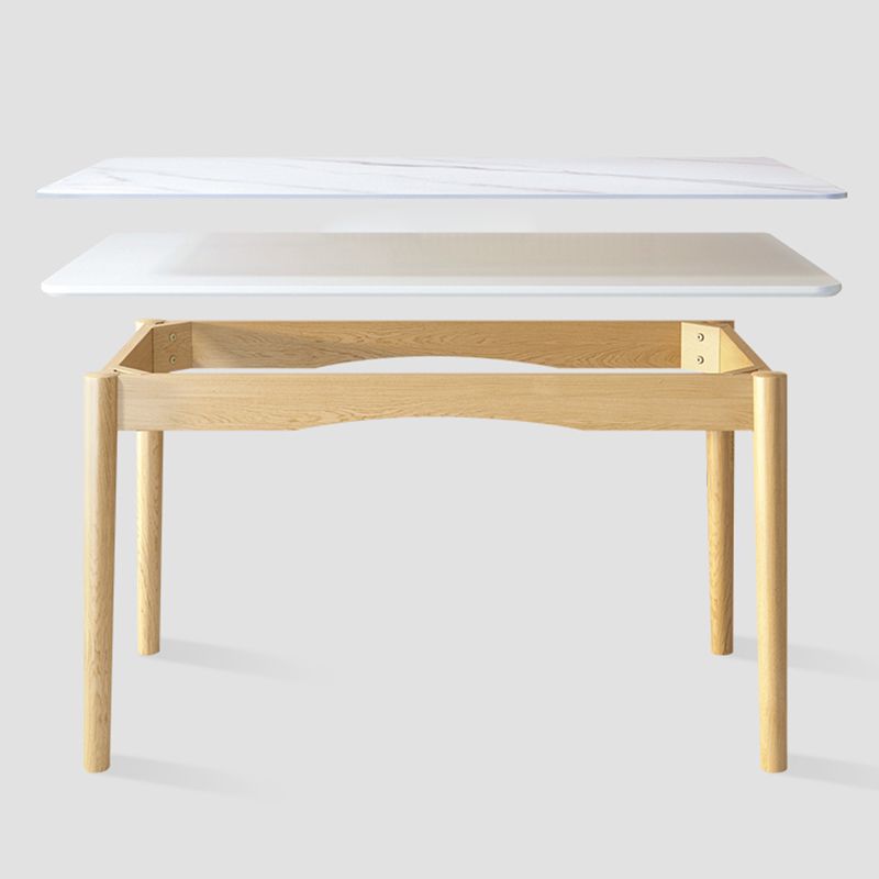 Modern White Rectangular Stone Dining Table with 4 Wooden Foot