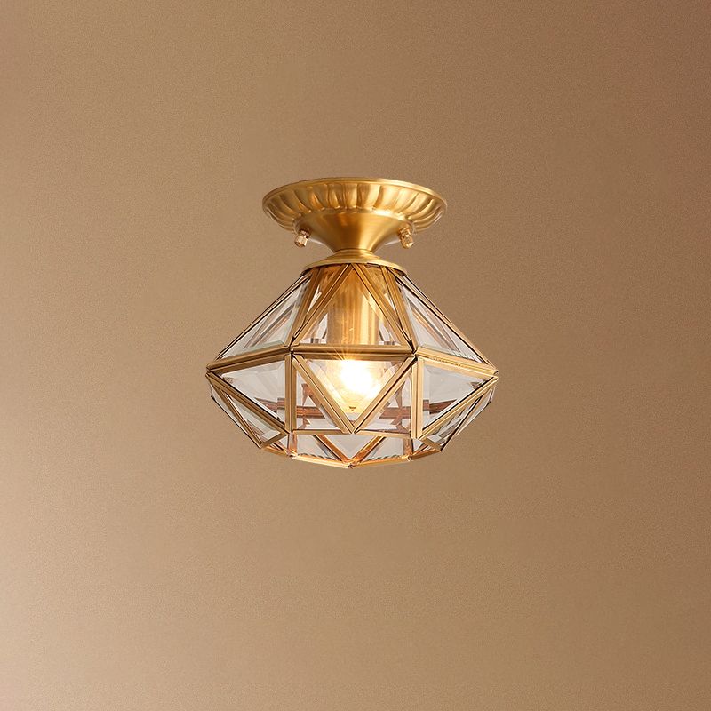 Vintage Prismatic Ceiling Flush Mount Glass Semi Flush Mount Light in Brass