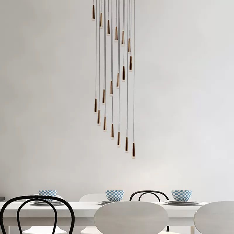 Gold Cone Hanging Light Fixture Minimalist Acrylic 19 Bulbs Stair Multi Lamp Pendant with Spiral Design