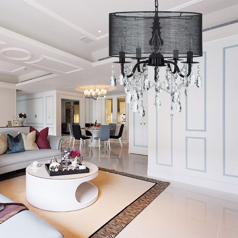 Traditionelle 5 Lichter hängend Kronleuchter schwarzer runder Stoffleuchte mit Kristallakzent