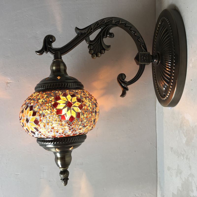 Antique Armed Sconce Metal 1 Bulb Wall Mounted Light Fixture with Global Tan/White Glass Shade for Stairway