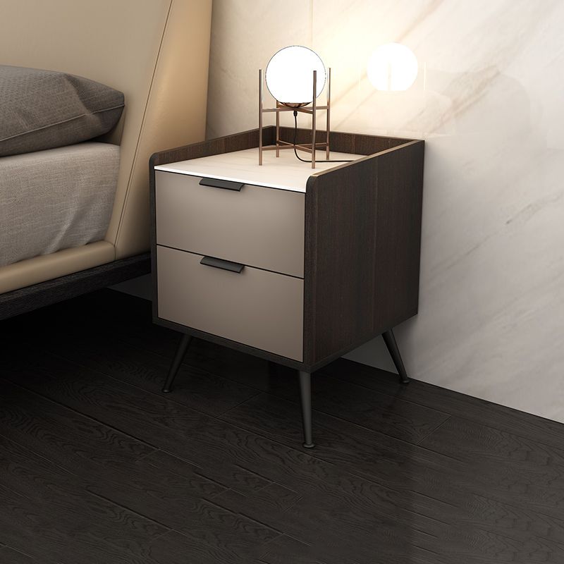 Espresso Wood and Off-White Night Table Modern Stone and Pearl Wood Bedside Cabinet