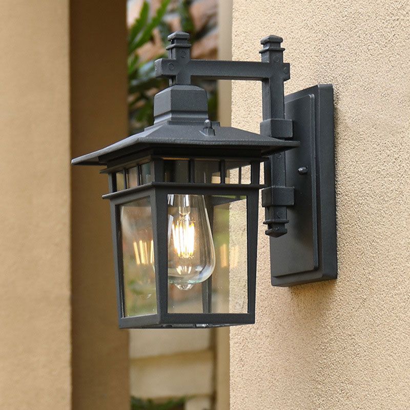 Single-Bulb Wall Lighting Vintage House Aluminium Wall Sconce Lamp with Clear Glass Shade in Textured Black
