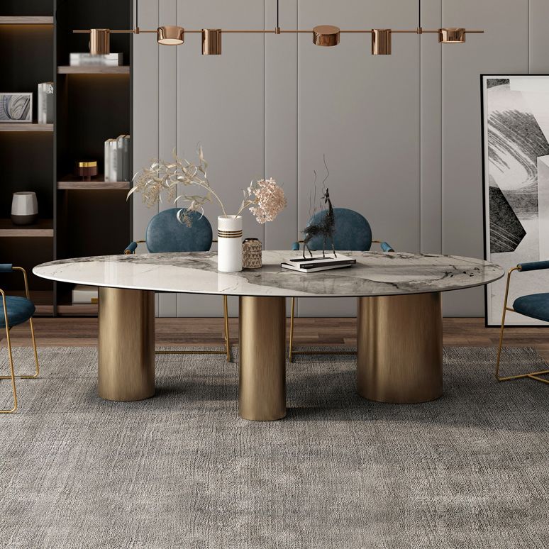 Oval Sintered Stone Dining Table Luxury Table in White with Metal 3 Legs Base