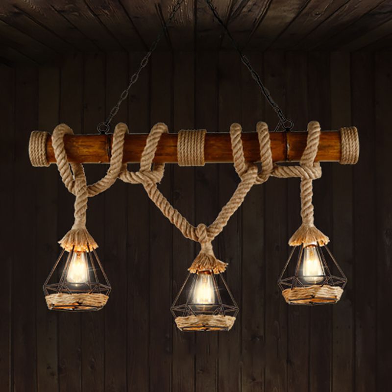 Retro Bamboo Island Light 3 Lights Island Pendant with Natural Rope for Restaurant