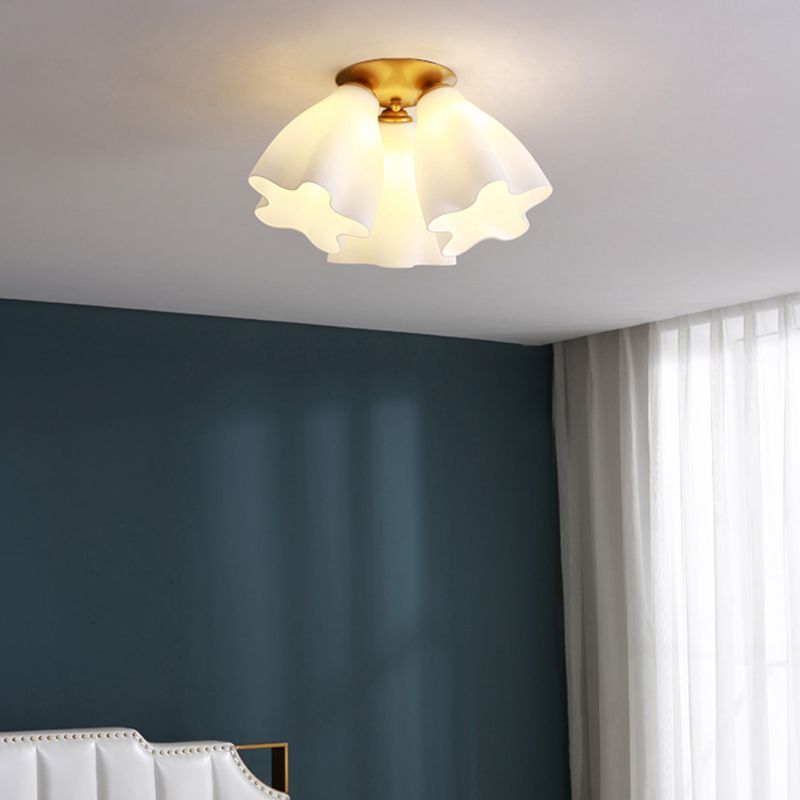 Bedroom Flush Mount Light Modern Gold Ceiling Light Fixture with Floral Glass Shade
