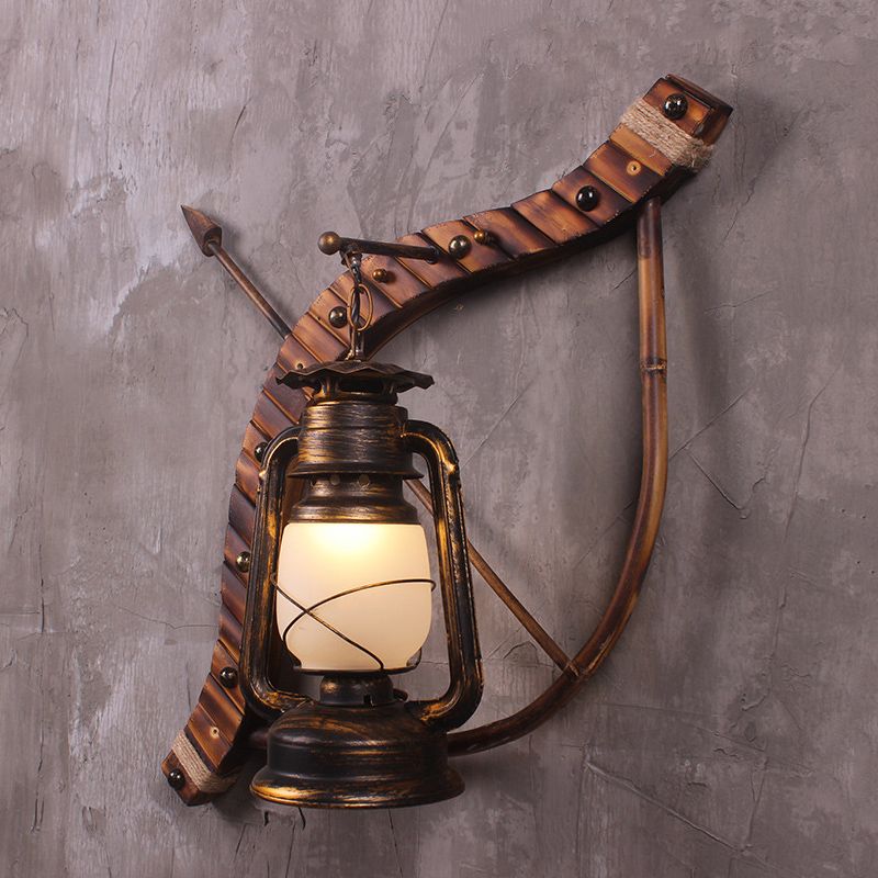 Vintage Lantern Wall Lamp 1 Light Opal Glass Sconce Light Fixture in Bronze with Wood Bow and Arrow Deco