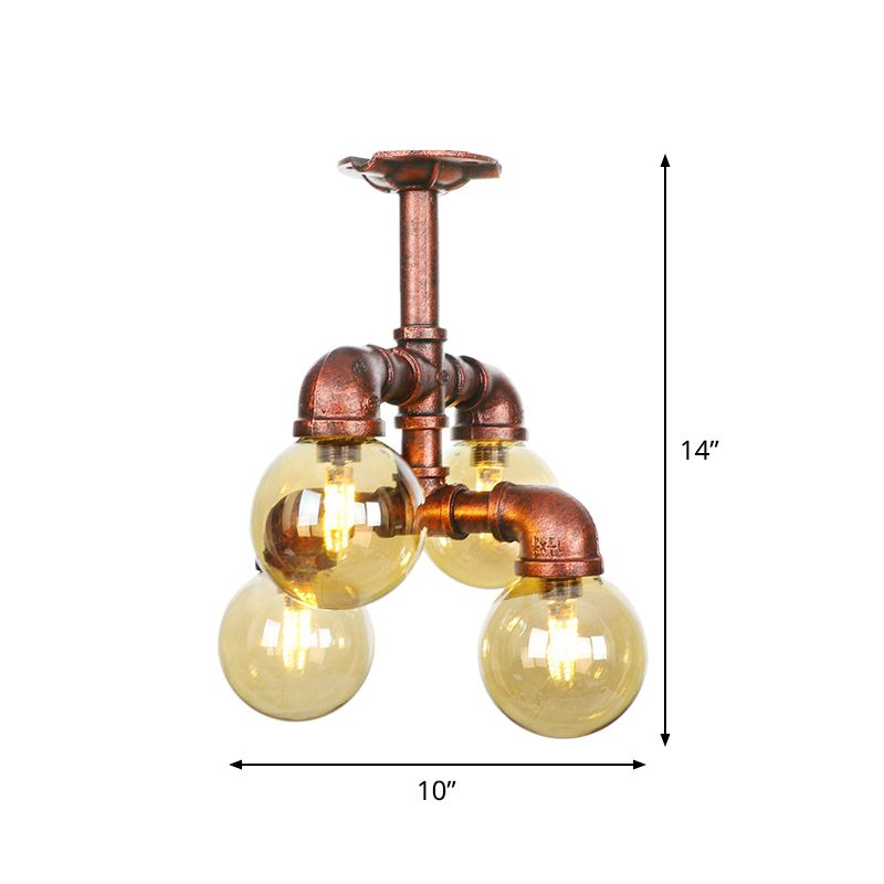Farmhouse Global Semi Mount Lighting 4/5/6-Light Amber Glass LED Flush Lamp Fixture in Copper
