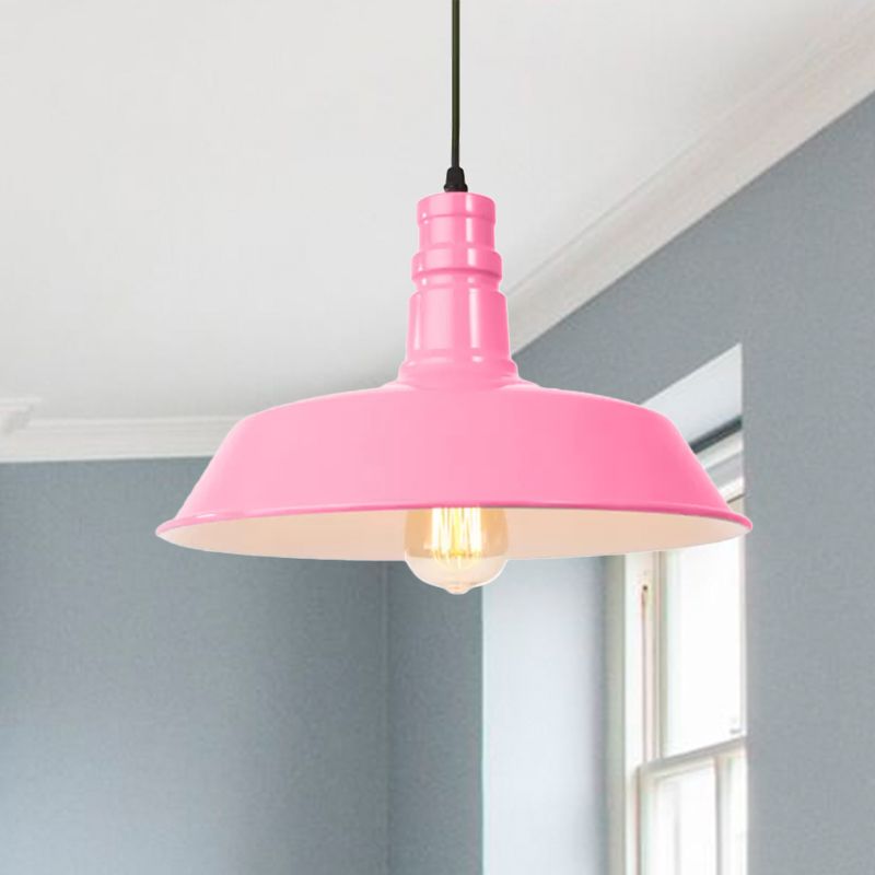 Metal Barn Shade Hanging Lamp Retro Style 1 Bulb Living Room Ceiling Pendant Fixture in Pink/Yellow, 10"/14"/18" Diameter
