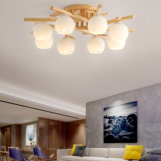 Log Color Indoor Ceiling Fixture in Modern Concise Style Wooden Globe Ceiling Light with Glass Shade