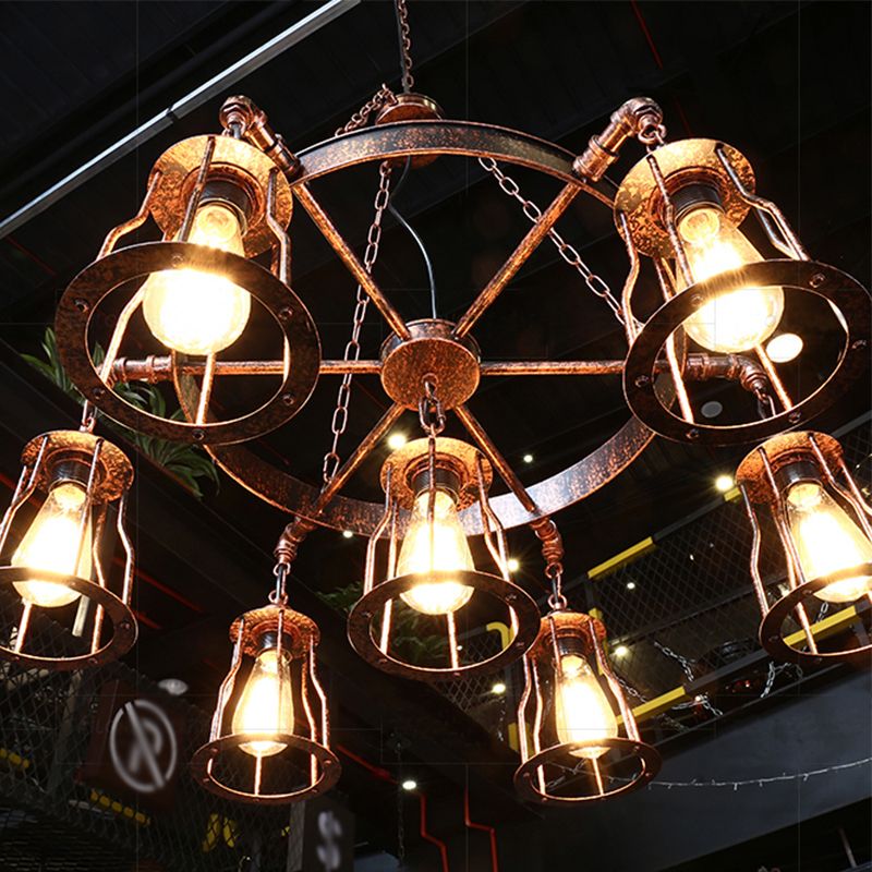 Rust 7 Lumières Pendante Lumière Ferme de cloche en fer forgé de cloche suspendue lampe à lustre avec conception de roues