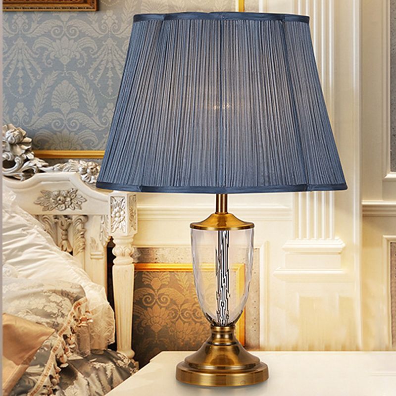 Modernist Cup Fabric Table Light Hand-Cut Crystal 1 Bulb Small Desk Lamp in Blue
