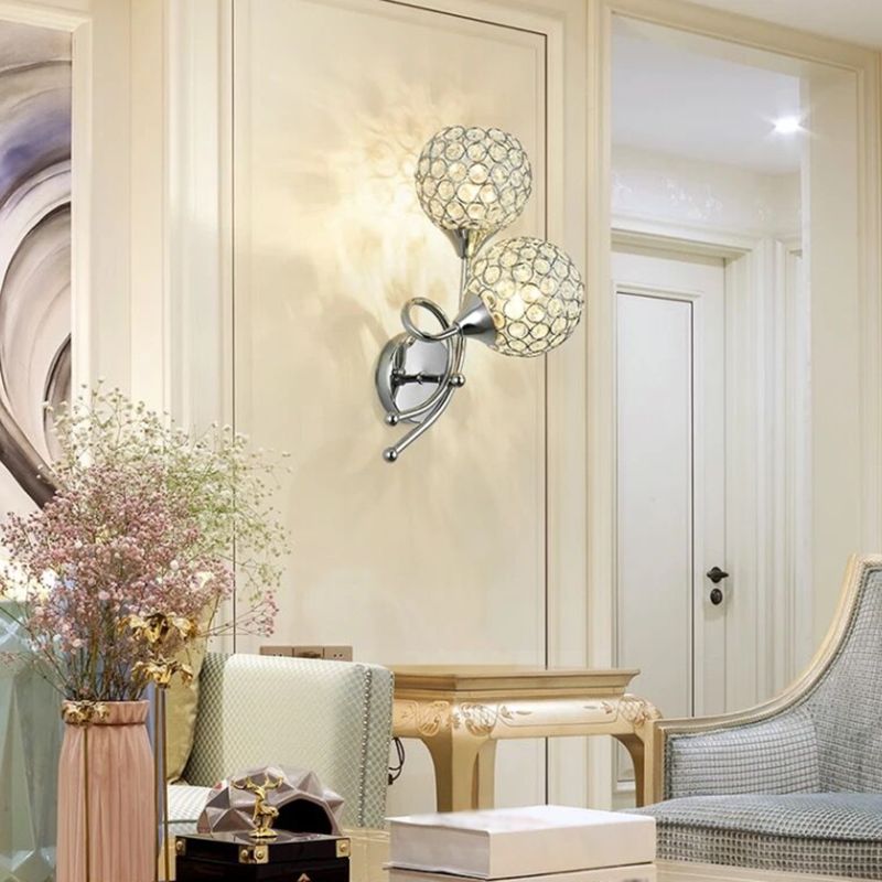 Silver Globe Wall Mounted Light Modern 2-Head Crystal Wall Sconce for Living Room