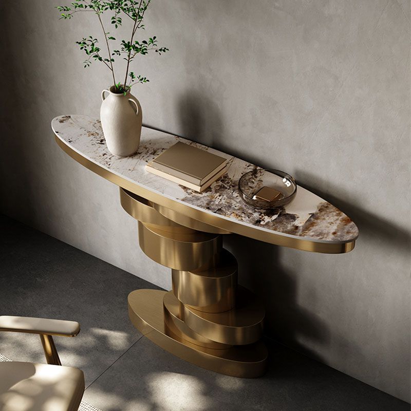Glam Stone Console Table Golden Oval Console Accent Table for Hall