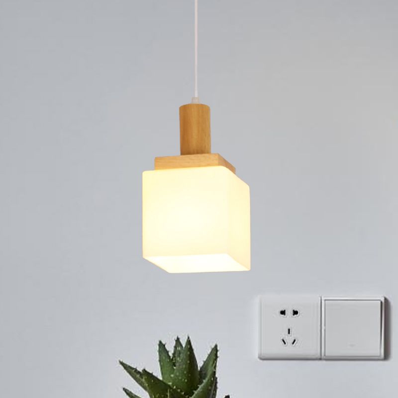 Cube Cream Glass Pendant Lighting Modern Asia 1-Head Wood Hanging Ceiling Lamp for Foyer