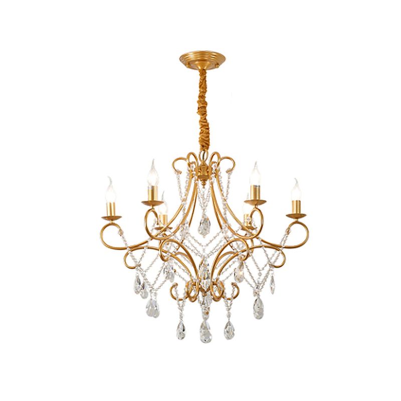 Gold Candle Style Scroll Arm Chandelier Victorian Crystal 5/6-Bulb Dining Room Ceiling Pendant Light