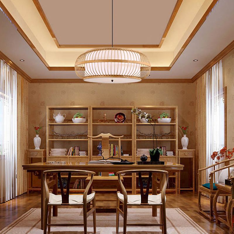 Abgerundeter Trommelsperrungsanhänger zeitgenössischer Bambus 1 Glühbirnenholz Hanging Light Kit, 18 "/21,5"/23,5 "breit