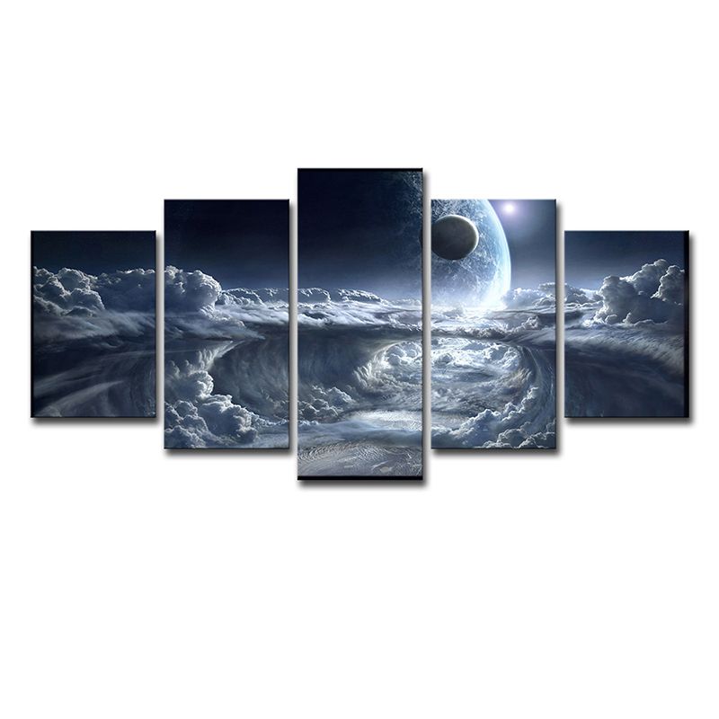 Science Fiction Space Canvas Art Blue Cloud and Planet Print Wall Decor for Bedroom