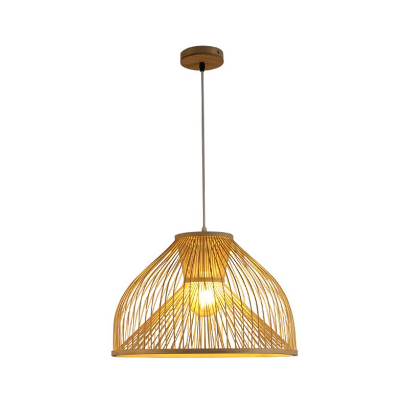 Bamboo Dome Suspension Pendant Light Contemporary 1 Head Wood Hanging Ceiling Light