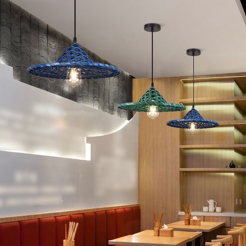 Multicolored Coolie Hat Suspension Light Südostasien 1-Licht-Bambus-Anhänger Licht