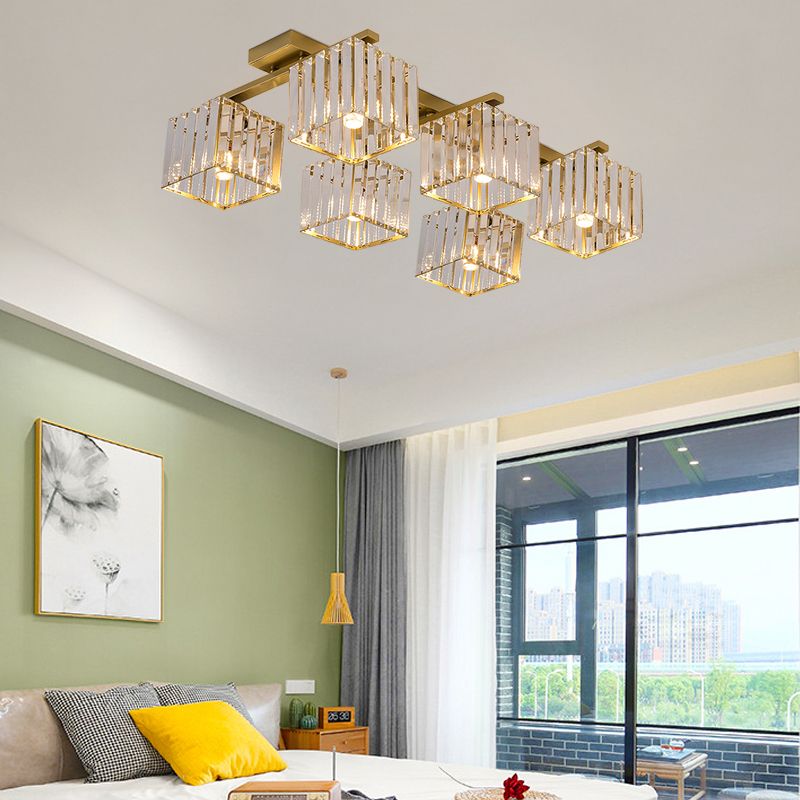Accesorio de techo para sala de estar, barra de cristal de tres lados, cuadrado moderno, semiempotrado, 4/6/9 luces, en dorado/negro