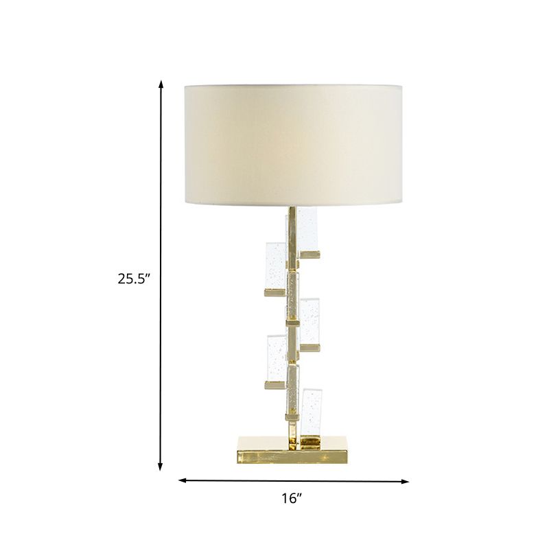 White Drum Shade Crystal Table Light Simplicity 1 Bulb Fabric Small Desk Lamp for Bedside