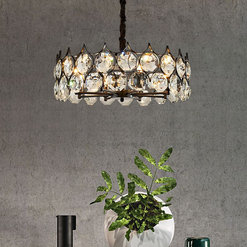 Black Circle Pendant Chandelier Country Clear Crystal Living Room Suspension Light with Sputnik Design