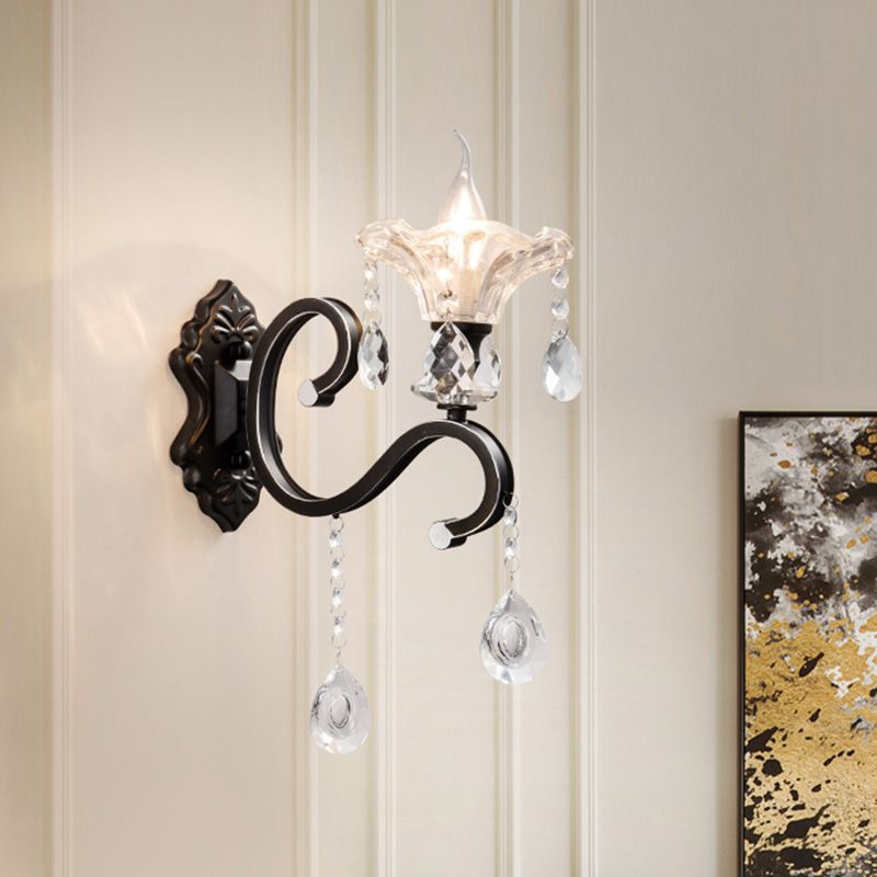 Scalloped Edge Wall Lamp Modern Style Clear Crystal 1/2-Bulb Corridor Sconce Light Fixture with Curved Arm in Black